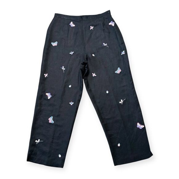Vintage Coldwater Creek Pants Women’s 10 Linen Butterfly Embroidered Trousers - Picture 1 of 8